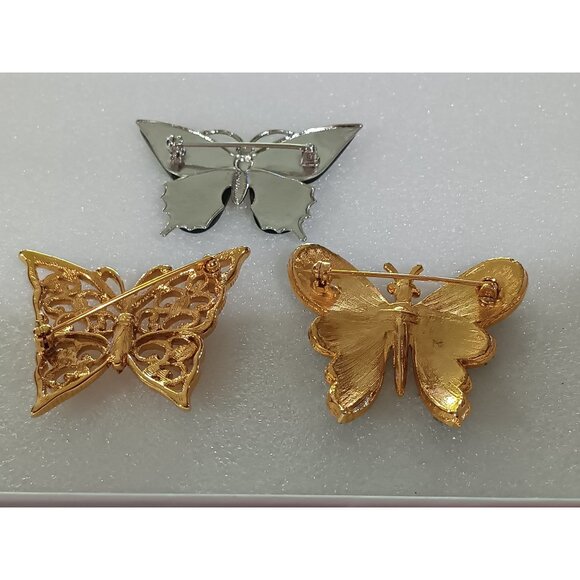 Set Of 3 Butterfly Brooch Pins With Gold & Silver Tones Gemstone & Rhinestone Em - Picture 2 of 5